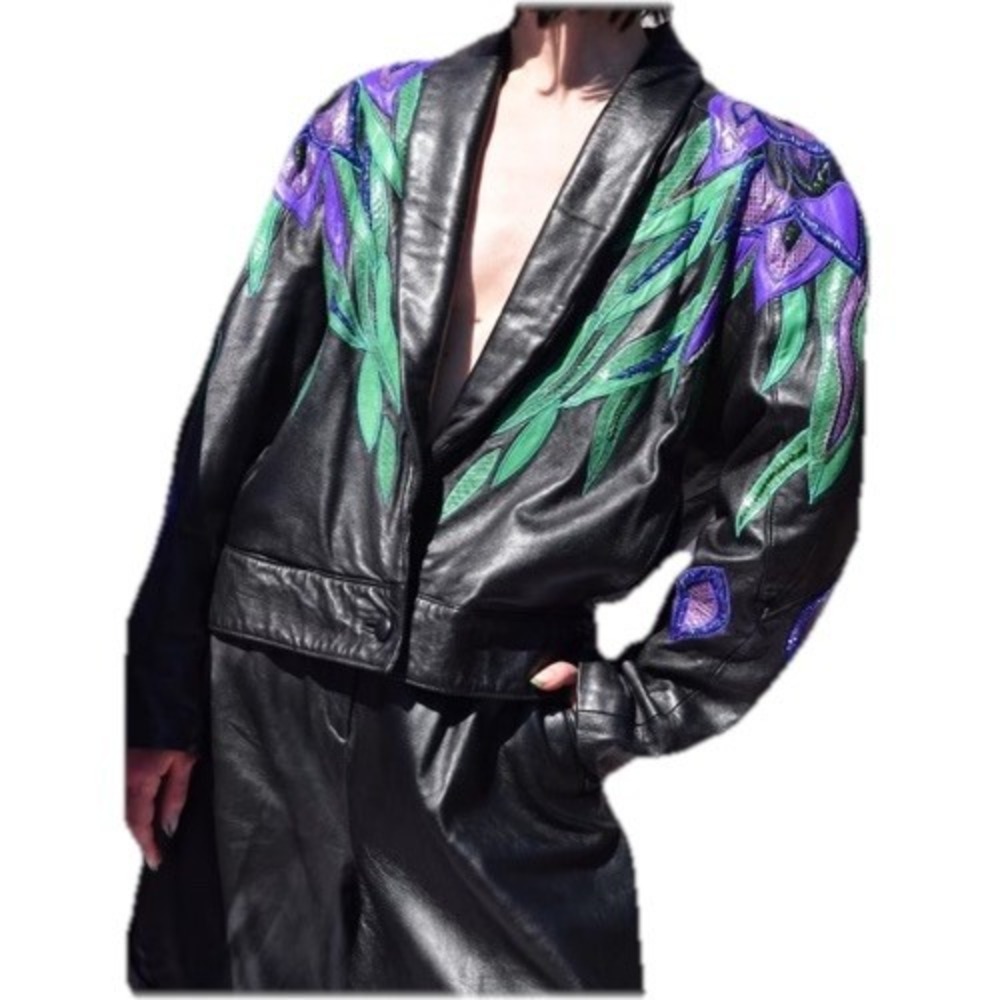 Vtg 80's Erez Flaming Irises Leather Jacket M Moto Snakeskin Trim Colorful Art - Picture 13 of 16